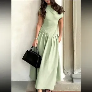 Asymmetrical sleeve mint green pleated midi drop waist dress, stretchy material