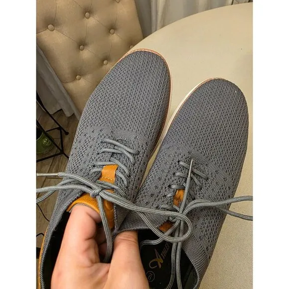 Athlefit Mens Casual Knit Sneakers Size 9 Gray &amp; Brown With Faux Leather Accent