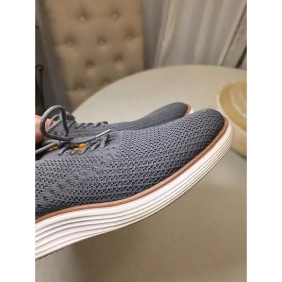 Athlefit Mens Casual Knit Sneakers Size 9 Gray &amp; Brown With Faux Leather Accent