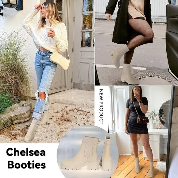 Athlefit Women's Chelsea Boots Apricot Suede Ankle Boots Lug Sole Chunky Booties