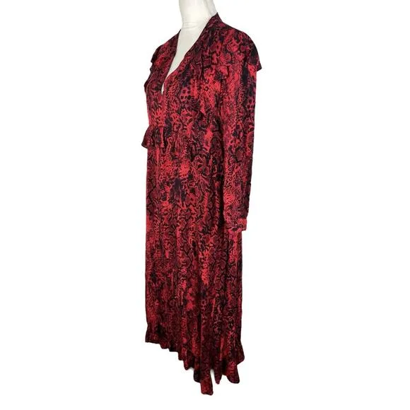 ba&amp;sh Saha Rouge Red Snakeskin Crepe Midi Dress Ruffle Size Medium
