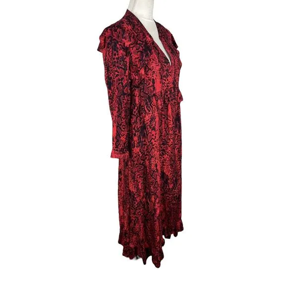 ba&amp;sh Saha Rouge Red Snakeskin Crepe Midi Dress Ruffle Size Medium