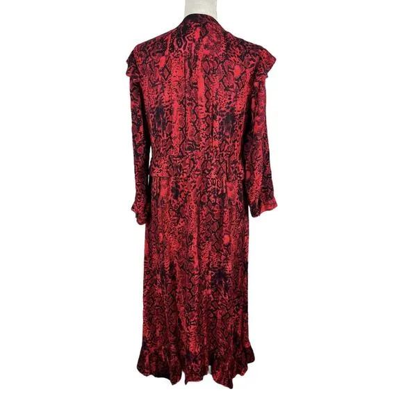 ba&amp;sh Saha Rouge Red Snakeskin Crepe Midi Dress Ruffle Size Medium