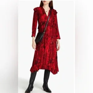 ba&amp;sh Saha Rouge Red Snakeskin Crepe Midi Dress Ruffle Size Medium