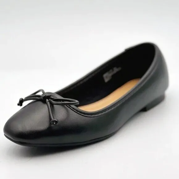 Bamboo Ballet Flats with Bow in Black Faux Leather