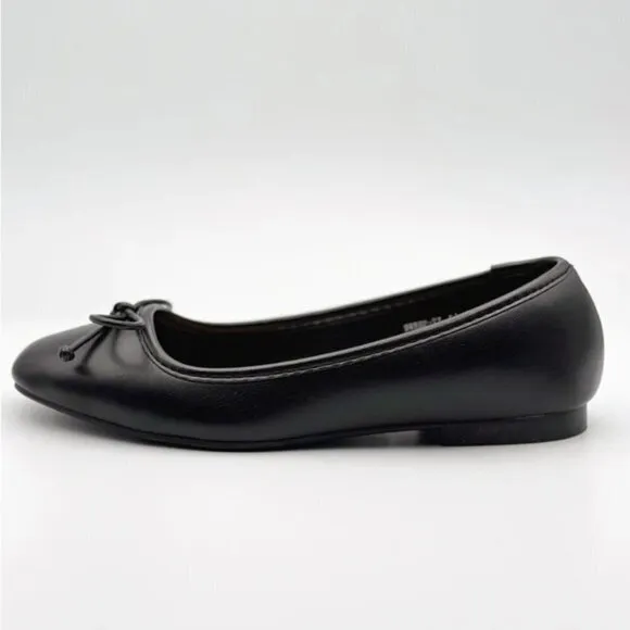 Bamboo Ballet Flats with Bow in Black Faux Leather