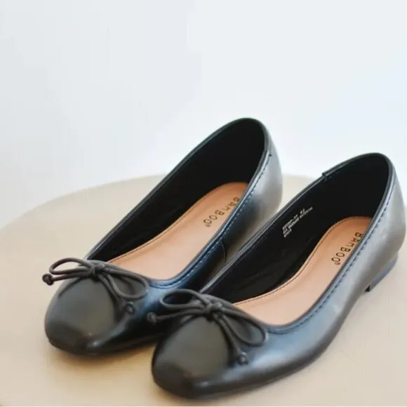 Bamboo Ballet Flats with Bow in Black Faux Leather