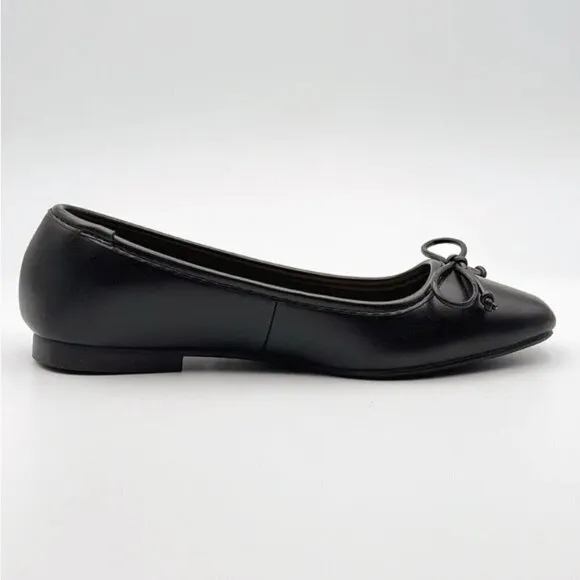 Bamboo Ballet Flats with Bow in Black Faux Leather