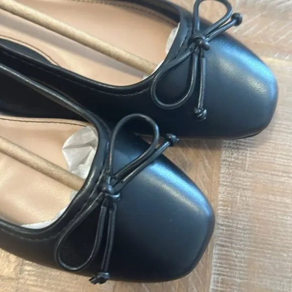 Bamboo Ballet Flats with Bow in Black Faux Leather