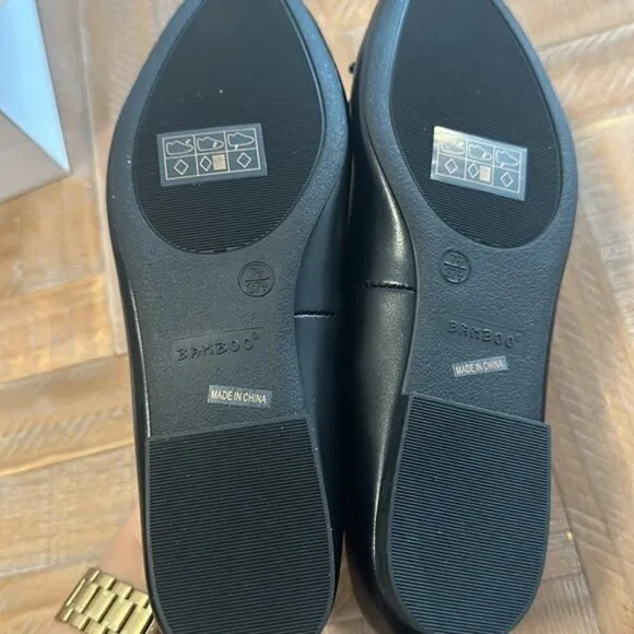 Bamboo Ballet Flats with Bow in Black Faux Leather