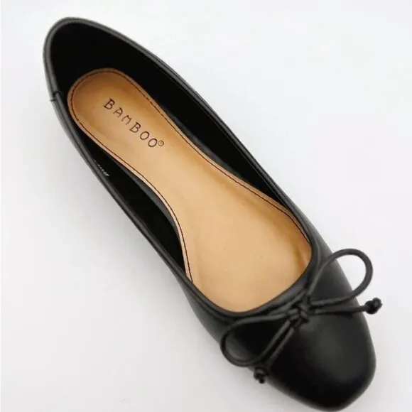 Bamboo Ballet Flats with Bow in Black Faux Leather