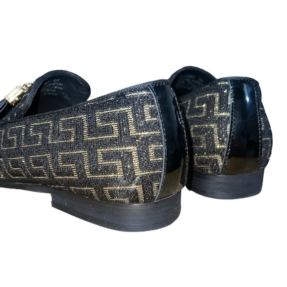 BARABAS Mens Greek Key Pattern Slip On Dress Loafers Size 9 Shoes Black Gold Red