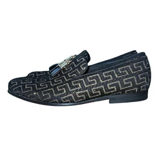 BARABAS Mens Greek Key Pattern Slip On Dress Loafers Size 9 Shoes Black Gold Red