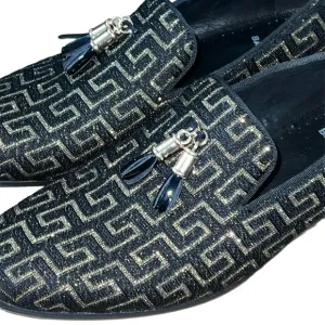 BARABAS Mens Greek Key Pattern Slip On Dress Loafers Size 9 Shoes Black Gold Red
