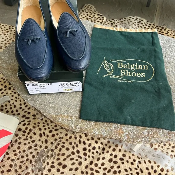 Belgian Shoes Lizard Calf Midinette  Navy Loafers 8.5