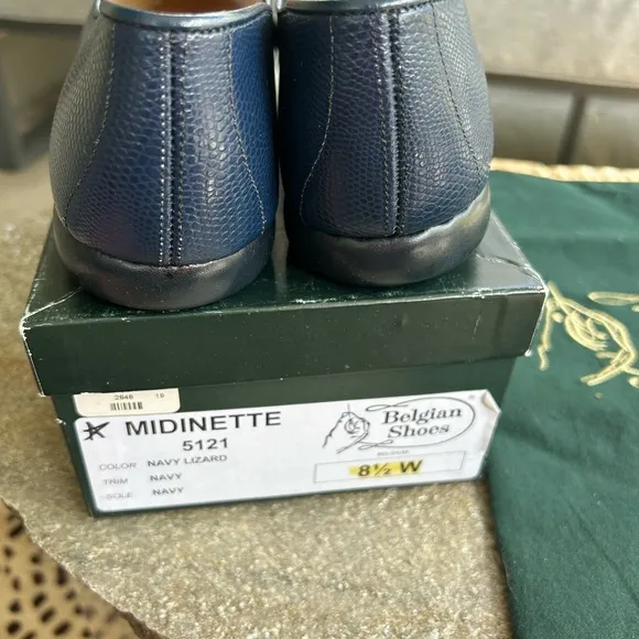 Belgian Shoes Lizard Calf Midinette  Navy Loafers 8.5
