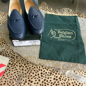 Belgian Shoes Lizard Calf Midinette  Navy Loafers 8.5