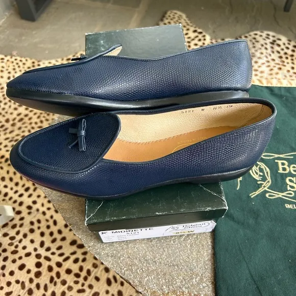 Belgian Shoes Lizard Calf Midinette  Navy Loafers 8.5