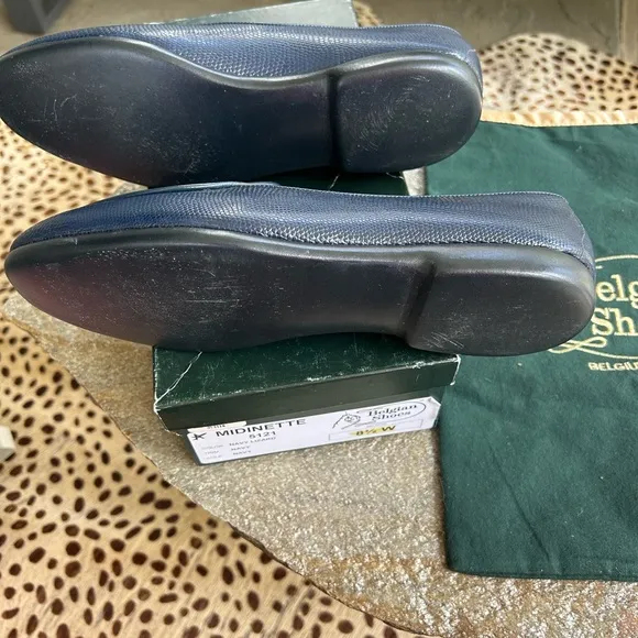 Belgian Shoes Lizard Calf Midinette  Navy Loafers 8.5