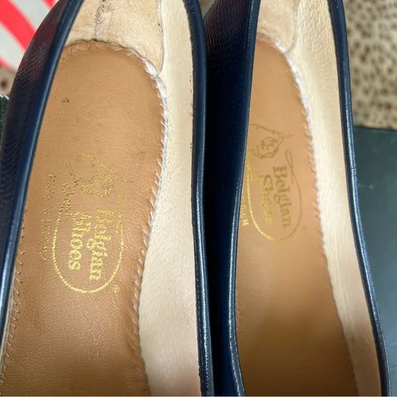 Belgian Shoes Lizard Calf Midinette  Navy Loafers 8.5