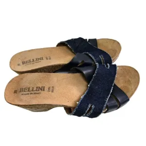 Bellini Made In Italy Denim Blue Leather Slides Size 38