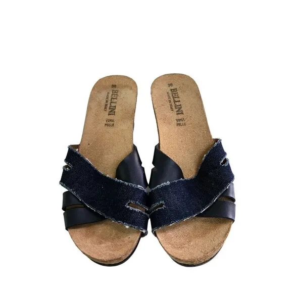 Bellini Made In Italy Denim Blue Leather Slides Size 38