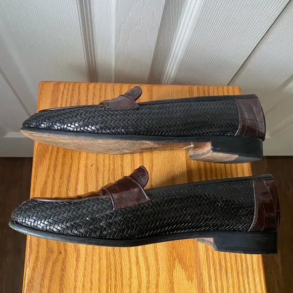 Belvedere Two-Tone Black Woven Leather Cognac Crocodile Penny Loafers 11M