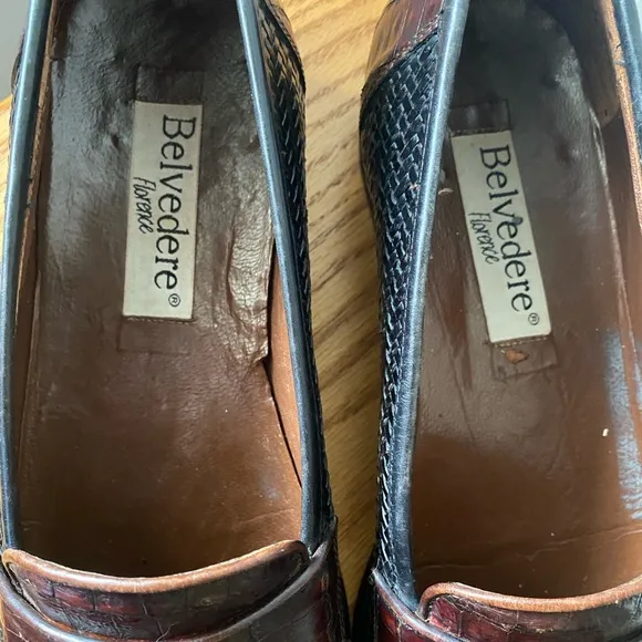 Belvedere Two-Tone Black Woven Leather Cognac Crocodile Penny Loafers 11M