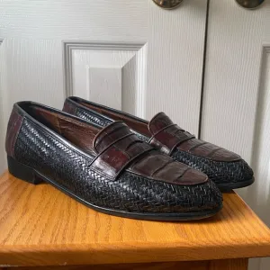 Belvedere Two-Tone Black Woven Leather Cognac Crocodile Penny Loafers 11M