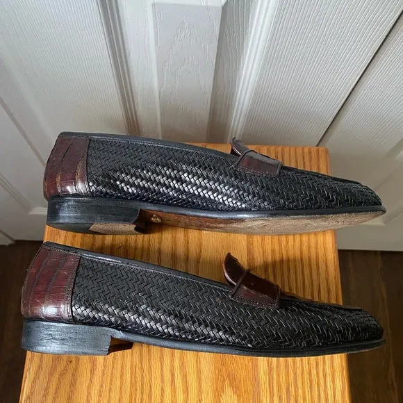 Belvedere Two-Tone Black Woven Leather Cognac Crocodile Penny Loafers 11M