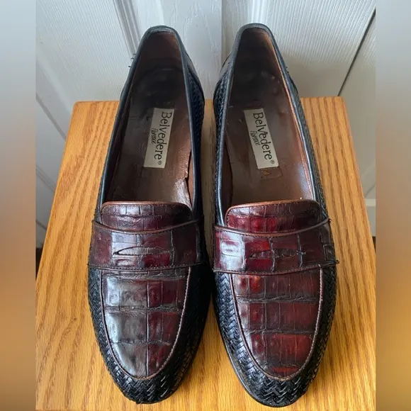 Belvedere Two-Tone Black Woven Leather Cognac Crocodile Penny Loafers 11M