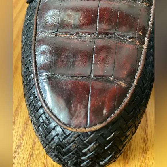 Belvedere Two-Tone Black Woven Leather Cognac Crocodile Penny Loafers 11M