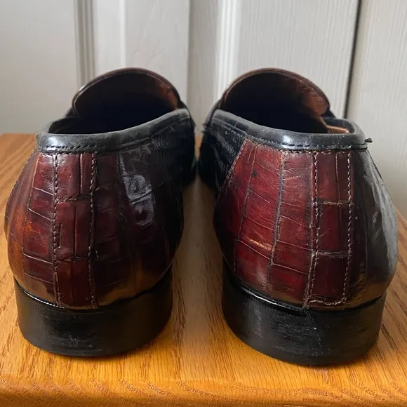 Belvedere Two-Tone Black Woven Leather Cognac Crocodile Penny Loafers 11M