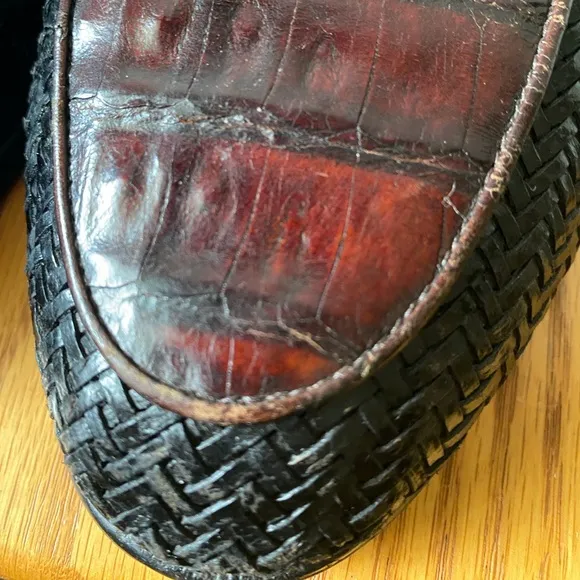 Belvedere Two-Tone Black Woven Leather Cognac Crocodile Penny Loafers 11M