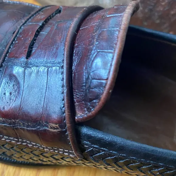 Belvedere Two-Tone Black Woven Leather Cognac Crocodile Penny Loafers 11M