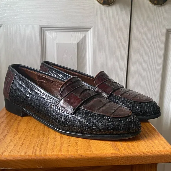 Belvedere Two-Tone Black Woven Leather Cognac Crocodile Penny Loafers 11M