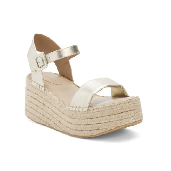 BERNARDO Champagne Made In Brazil Leather Mallorca Espadrille Wedge Sandals