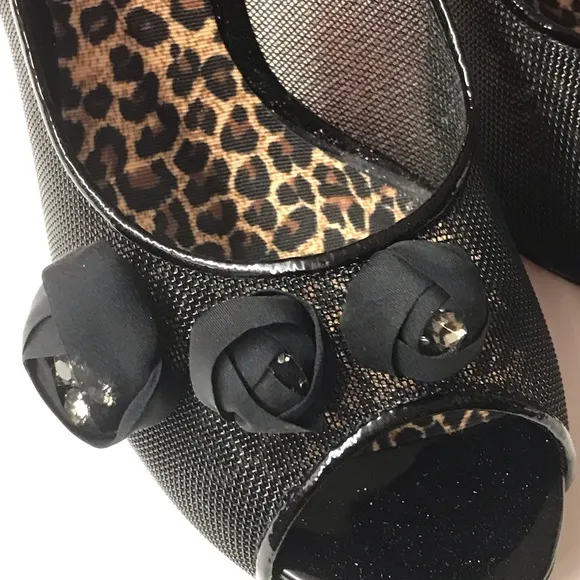 Betsey Johnson fishnet rose crystal heels pumps sexy goth punk prom vintage 10