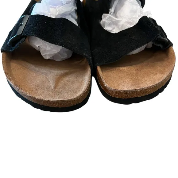 Betula Sandals Mens 11 Black Suede Slides Adjustable Straps Cork Footbed Slip On