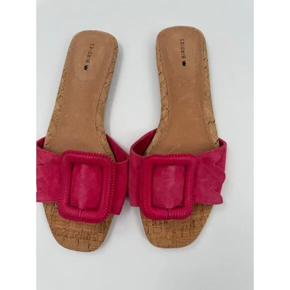 Birdies The Kiwi Ultra Pink Suede &amp; Cork Slide Sandals With Large Buckle Size 8.