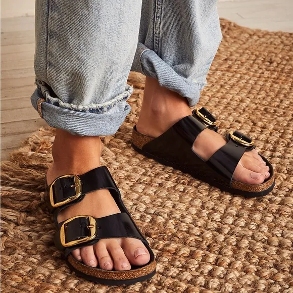 BIRKENSTOCK 41 Arizona Narrow Big Buckle High Shine Black Glossy Slides Sandals