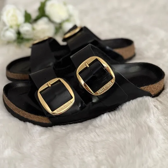 BIRKENSTOCK 41 Arizona Narrow Big Buckle High Shine Black Glossy Slides Sandals