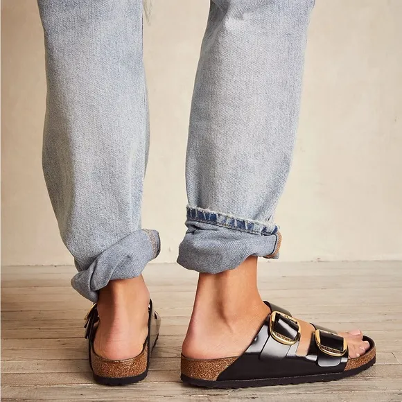 BIRKENSTOCK 41 Arizona Narrow Big Buckle High Shine Black Glossy Slides Sandals