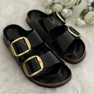 BIRKENSTOCK 41 Arizona Narrow Big Buckle High Shine Black Glossy Slides Sandals