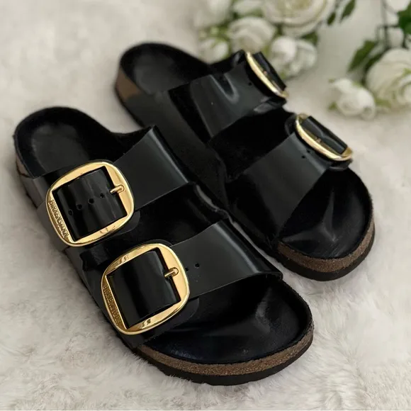 BIRKENSTOCK 41 Arizona Narrow Big Buckle High Shine Black Glossy Slides Sandals