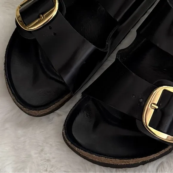 BIRKENSTOCK 41 Arizona Narrow Big Buckle High Shine Black Glossy Slides Sandals