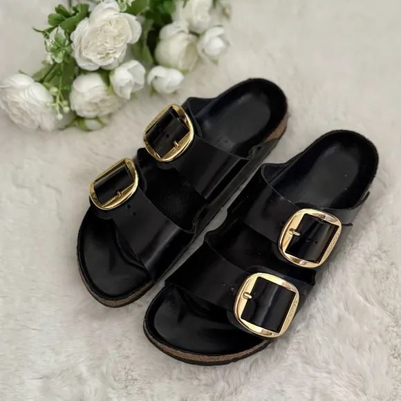BIRKENSTOCK 41 Arizona Narrow Big Buckle High Shine Black Glossy Slides Sandals