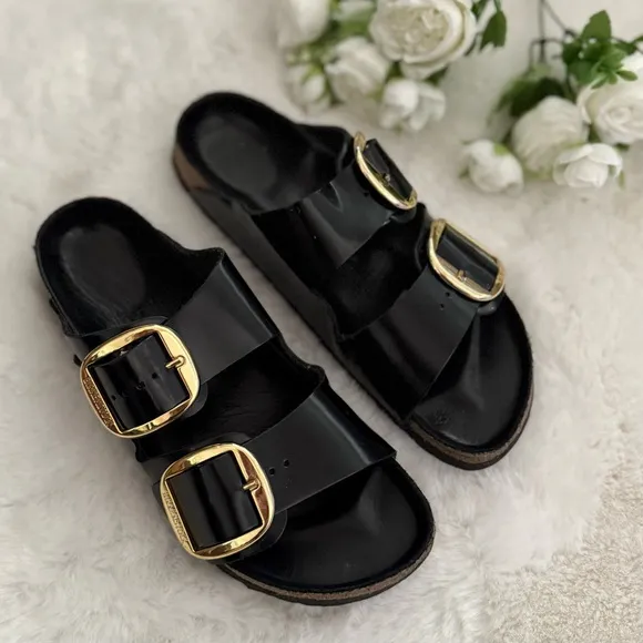 BIRKENSTOCK 41 Arizona Narrow Big Buckle High Shine Black Glossy Slides Sandals