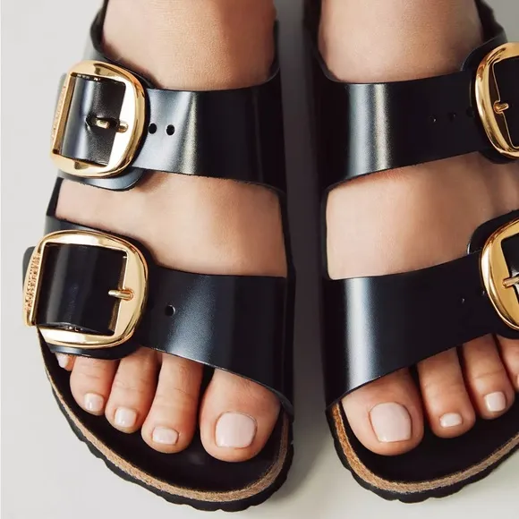 BIRKENSTOCK 41 Arizona Narrow Big Buckle High Shine Black Glossy Slides Sandals