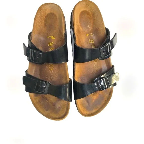 Birkenstock Arizona Papillio Black Patent Birko Flor Sandals Slides Women’s 38